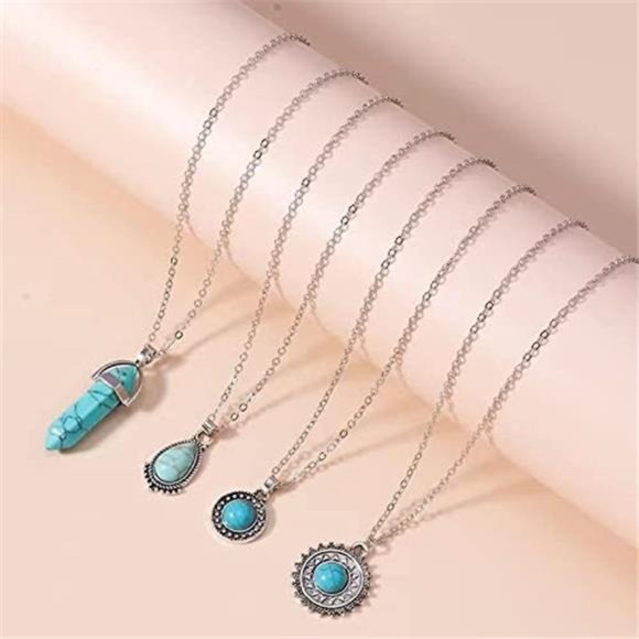 4 PCS Silver Turquoise Layered Necklaces for Women Girls - Picture 4 of 6